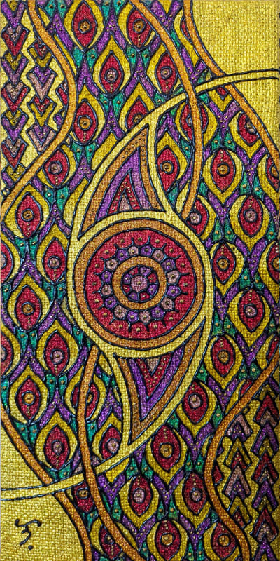 Louie Bretaña, Si Lalahon Ng Mapanibagong Apoy (Deity of fire, volcanoes and destruction), acrylic, glitter paint, glass crystals on repurposed hessian mounted on canvas, 600 x 300mm, 2024.
