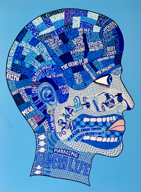 Lucas Grogan, Managing Modern Life, 2024. Acrylic and ink on board, 81x61cm.