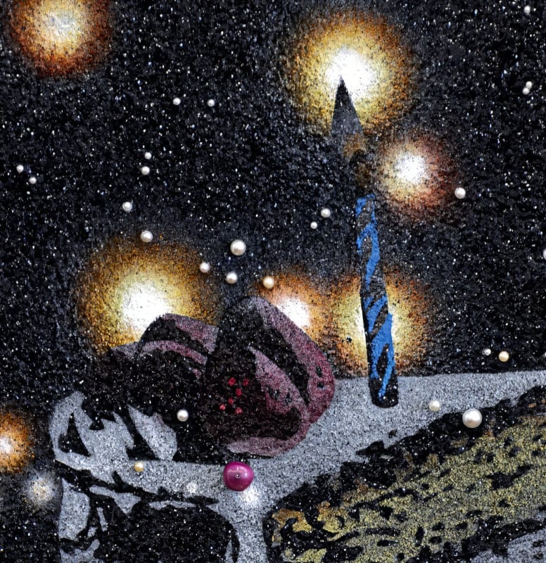 Reuben Paterson, Run-Ins With Sunsets (Constellation Orion), 2024. Glitter, Cook Islands black pearls, Japanese fresh water pearls, acrylic, jewellery wire and mixed media on board, 12 x 16 in / 30.5 x 40.6 cm..