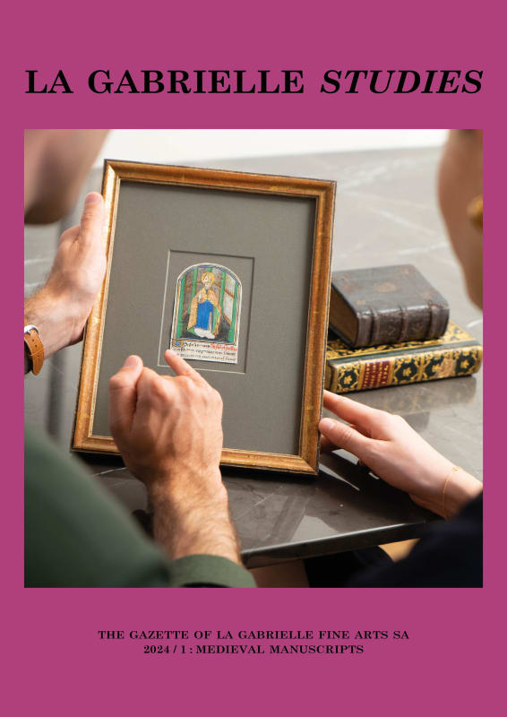 Cover of a book featuring a framed illumination from a Book of Hours with illuminated manuscripts on the table.