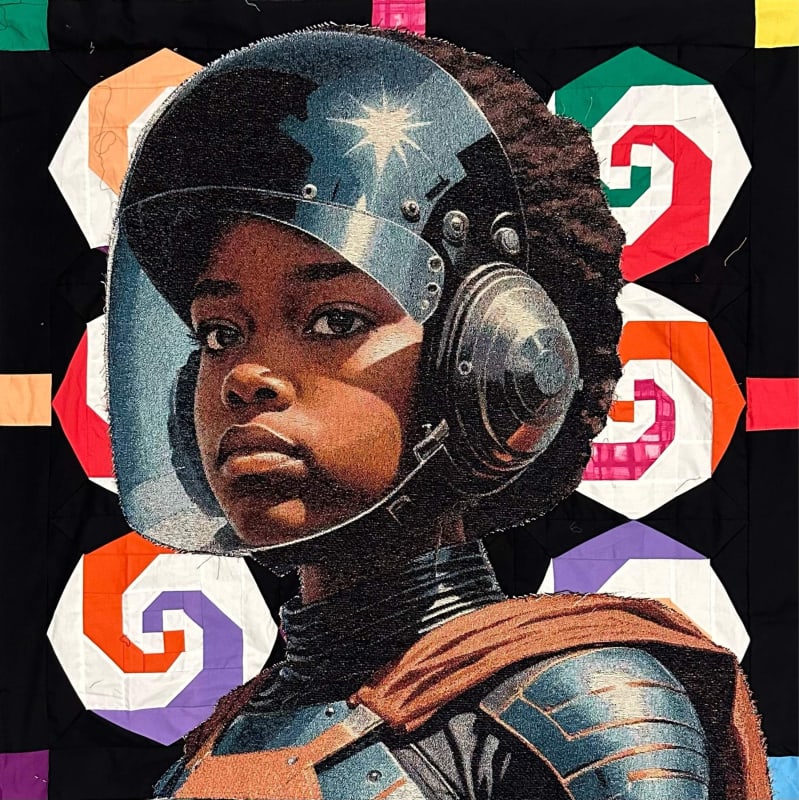 Desmond Beach The Guardian of the Small & Sacred, 2025 Digital painting, woven Jacquard loom, hand and machine sewn pieceworked fabric 47 x 47 in