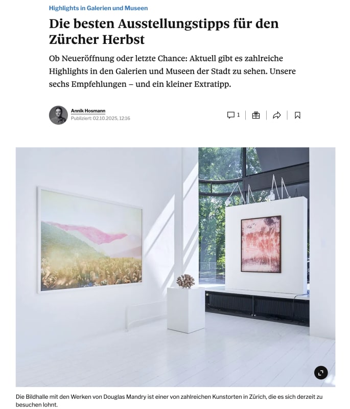 DOUGLAS MANDRY - TAGESANZEIGER, Die besten Ausstellungstipps für den Zürcher Herbst
