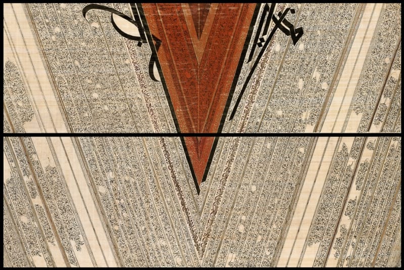 Nja Mahdaoui, Papyrus Diptych, 2008, Indian ink, gold and acrylic on papyrus, 40 x 122 cm each