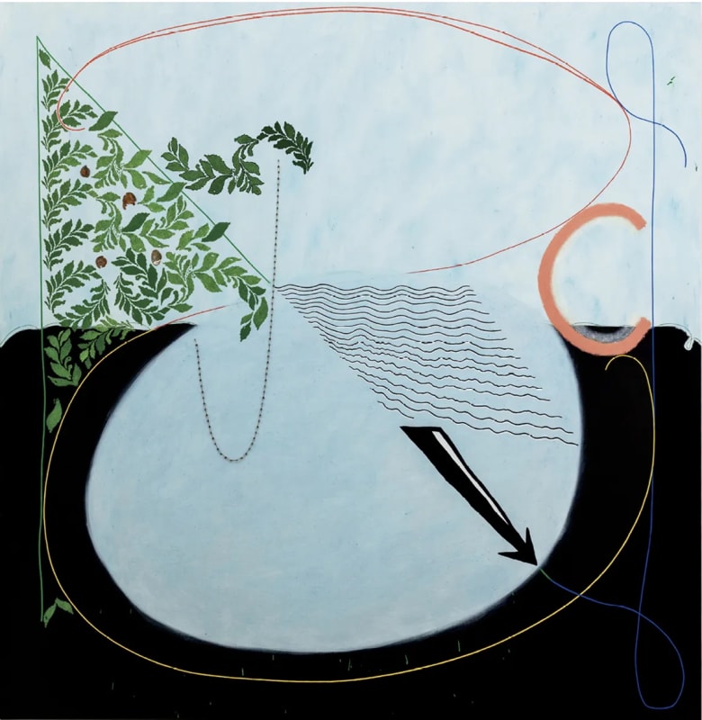 Allison Miller, "Blood Knot," 2023, oil stick, acrylic, coins, and safety pins on canvas, 72 × 70