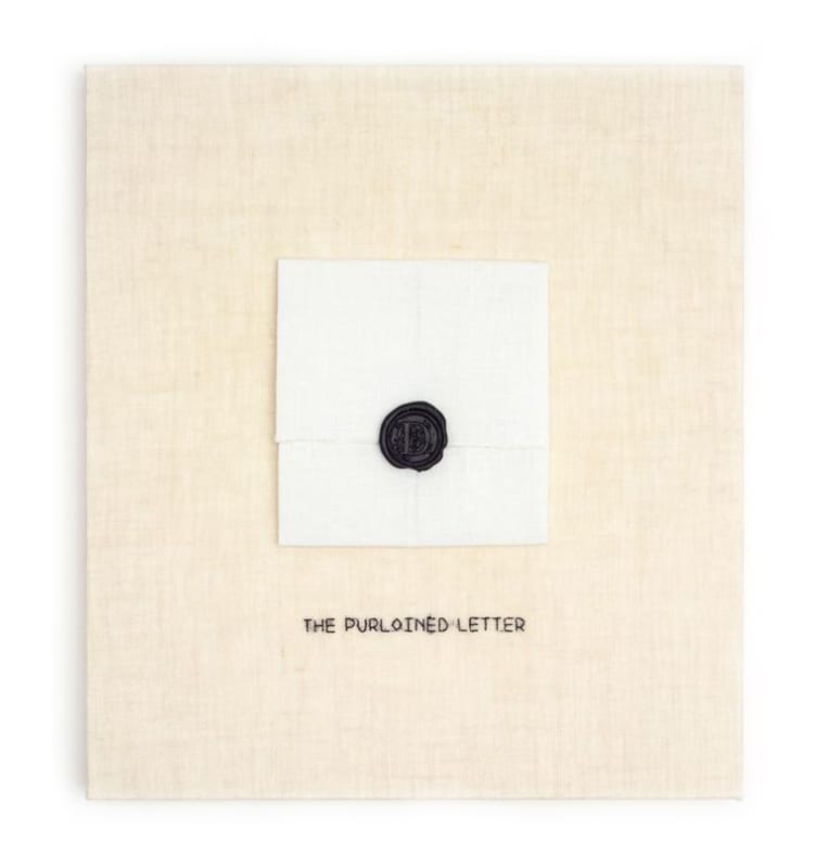 Elaine Reichek, “The Purloined Letter” (2017), hand embroidery with wax on linen, 13.25 x 11.75 inches (courtesy of the artist and Marinaro, New York)