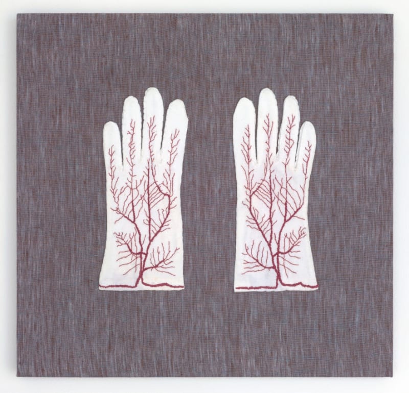 Elaine Reichek, Oppenheim’s Gloves, 2020, hand embroidery on cotton gloves appliquéd to linen, 14 3⁄4 × 15 3⁄4"
