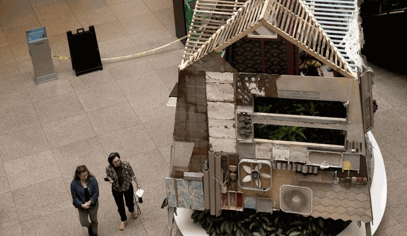 Swoon's installation at the Boston Public Library. (Robin Lubbock/WBUR)
