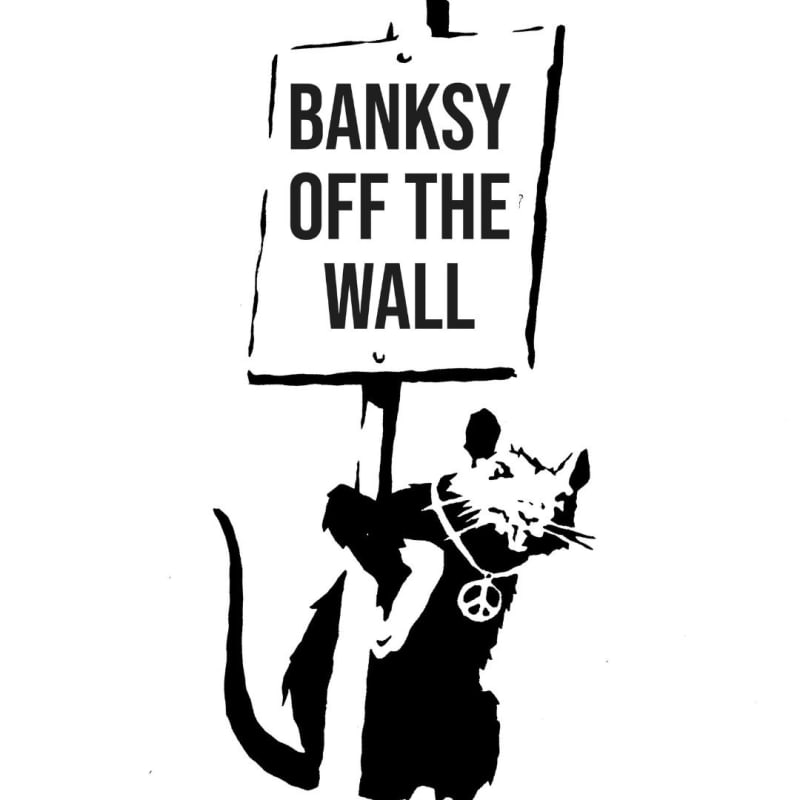 Off the Wall Rat by Banksy - Black stencil of a rat holding a sign with 'Banksy Off the Wall' text