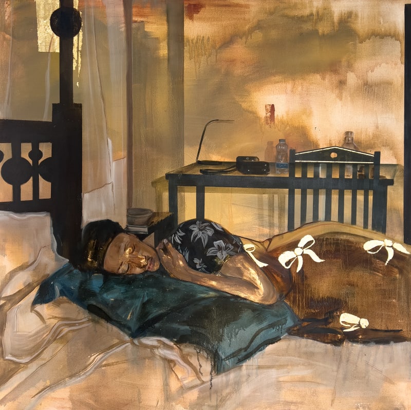 Emma Prempeh, Drift Off (2024), acrylic, oil and schlag metal. Courtesy of the artist, Tiwani Contemporary and Bwo.