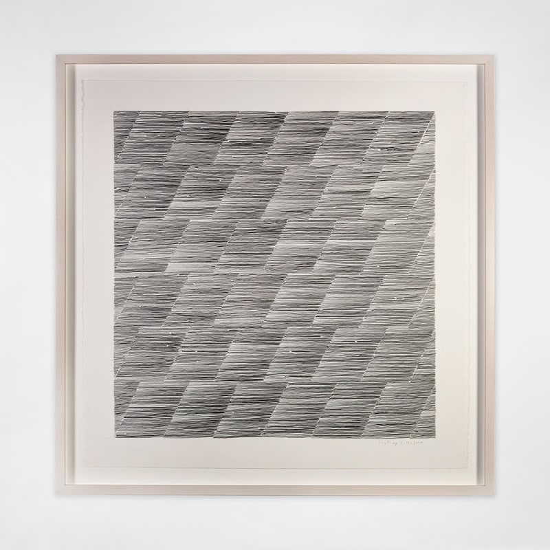 Square minimalist drawing comprising horizontal lines segmented into a grid-like structure in a light frame
