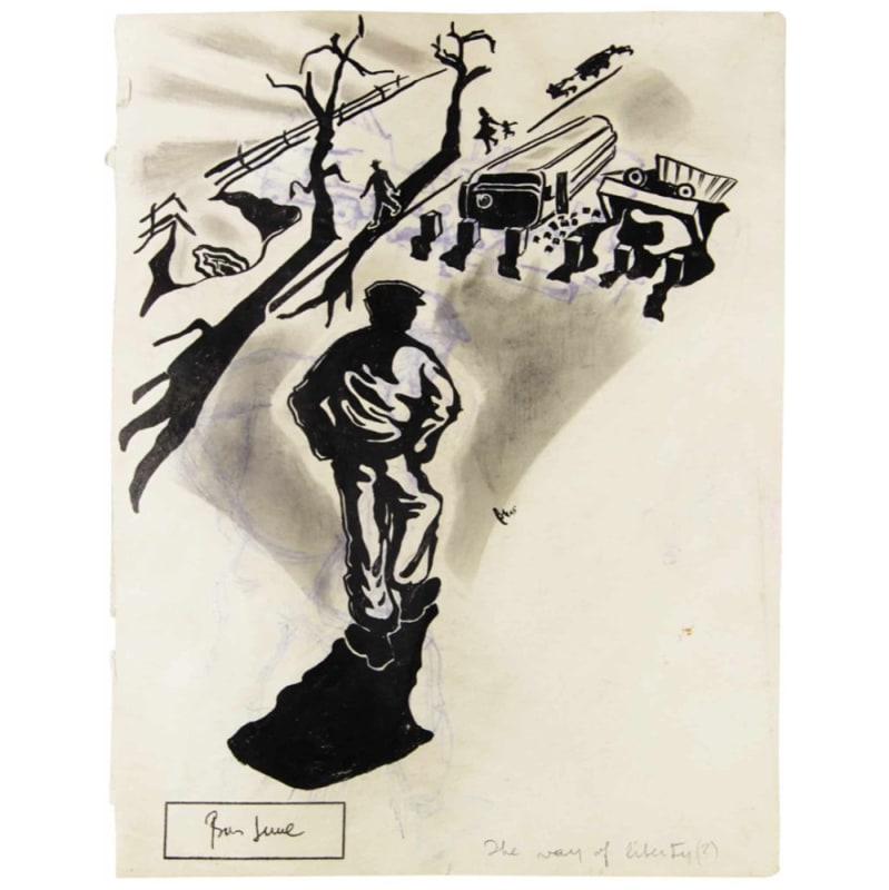 A figurative ink line drawing on paper depicting an artist's experiences at a labor camp during world war two