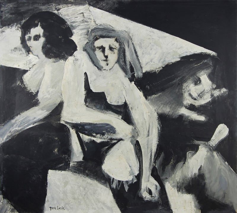 Black and white mixed media collage and oil painting of three abstracted women in front of a geometric background