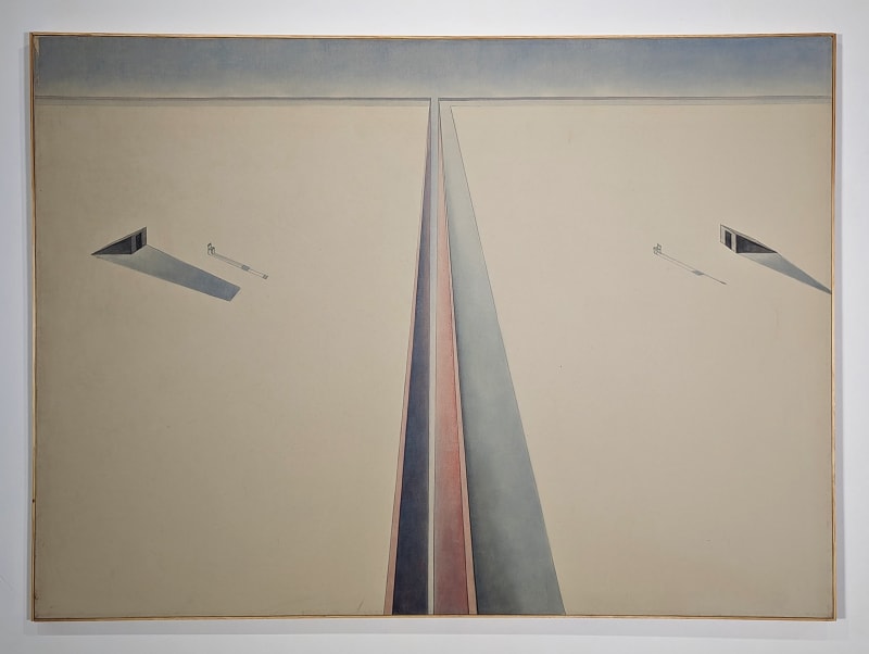 Gerhardt Liebmann, Two Roofs Two Chairs (1977), acrylic on canvas, 48 x 60 inches | 121.9 x 152.4 cm.