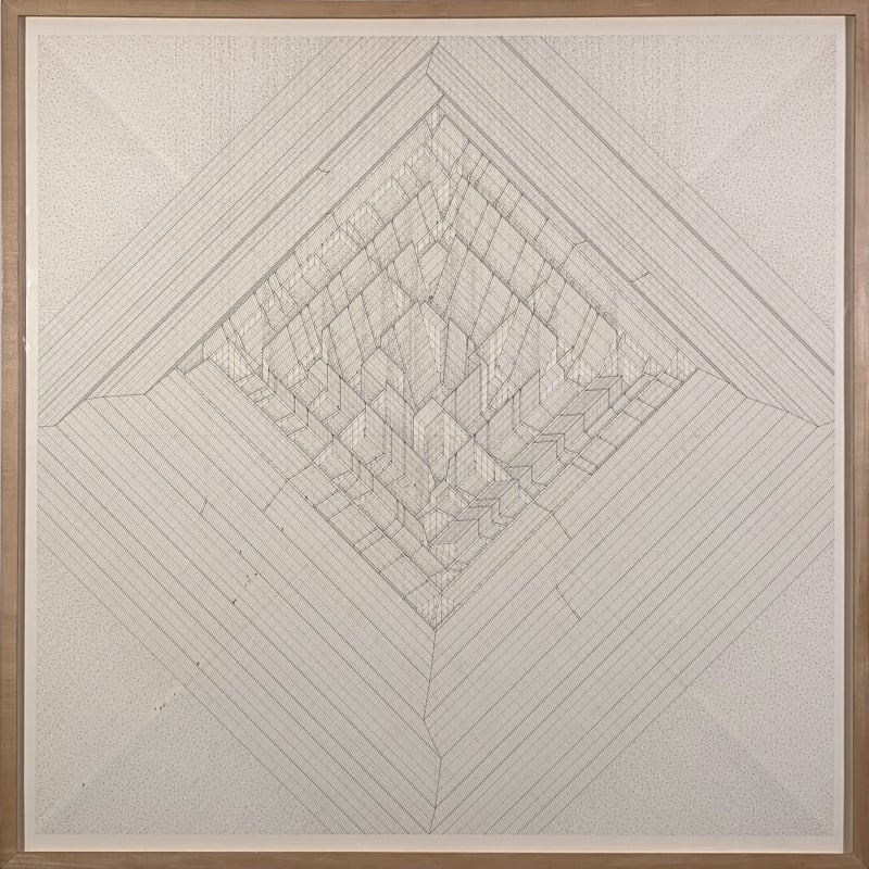 Ink drawing of an architectural structure in the form of a rectangular spiral as seen from above