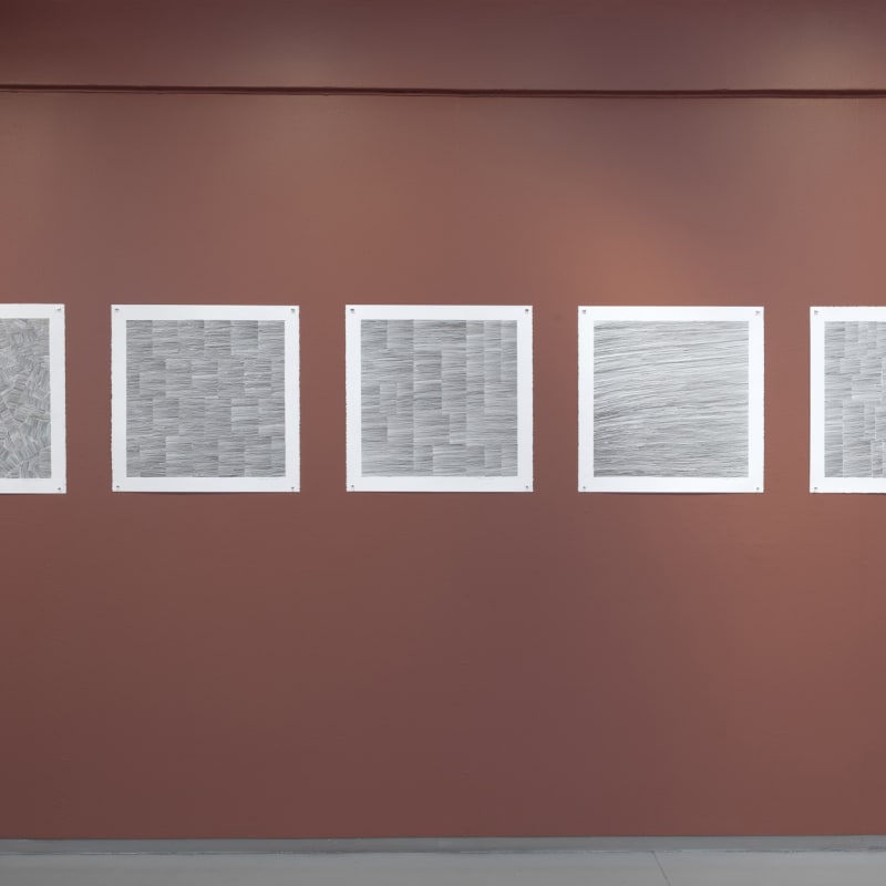 Deep sienna wall with five minimalist line drawings hung in a line