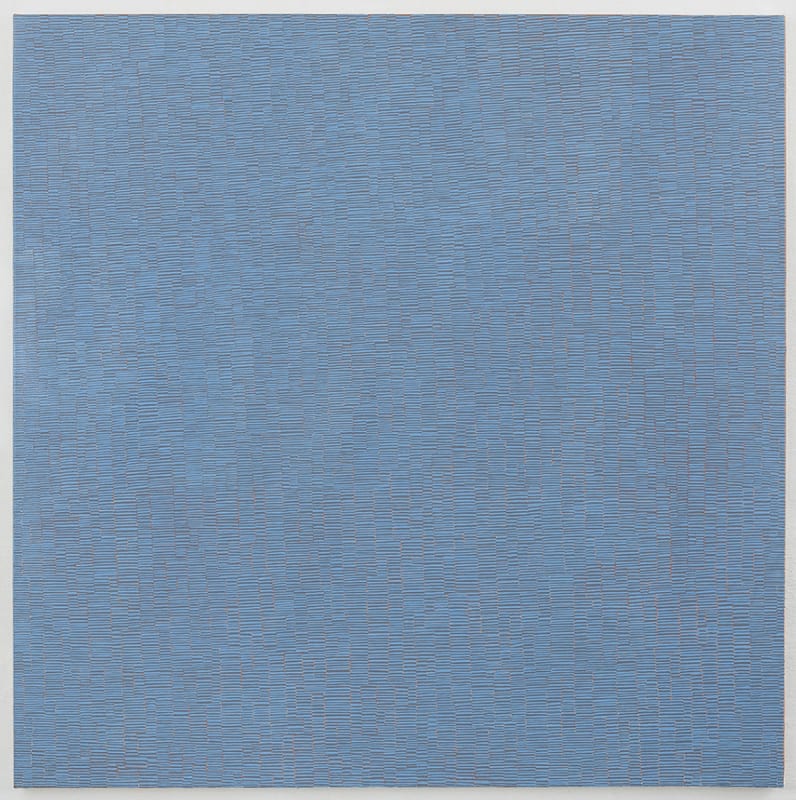 Minimalist oil painting of two close contrast blue and grey pigments applied in small horizontal marks across the entire canvas