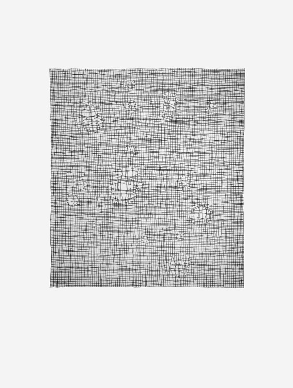 Minimalist drawing in graphite of horizontal and vertical lines bending around semi-circular voids of empty space