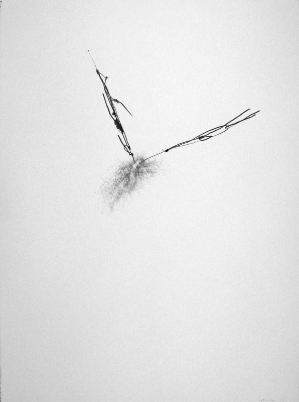 Minimalist drawing in graphite and charcoal of wires and fleeting bursts of energy in an abundance of negative space