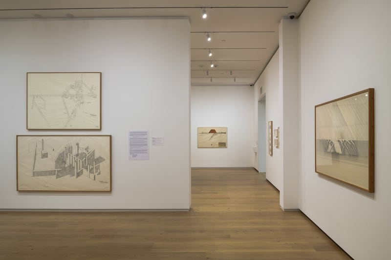 Installation view of Will Insley's drawing hanging in a light wood frame with other drawings in the Menil Drawing Institute
