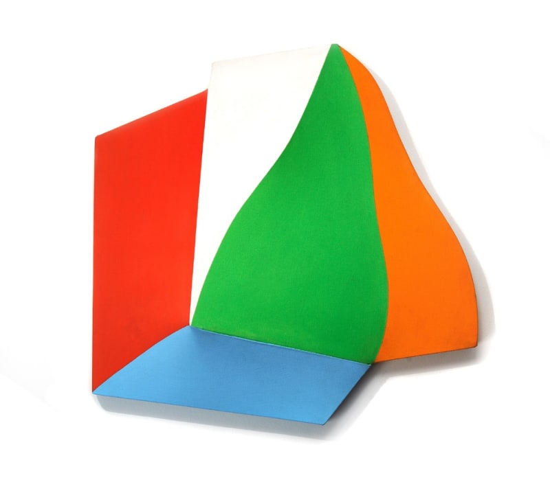 Shaped painting with curved modules in red, blue, green and orange