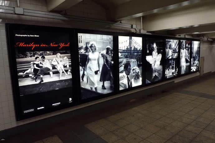 Large-scale lightboxes with photographs of Marilyn Monroe in NYC