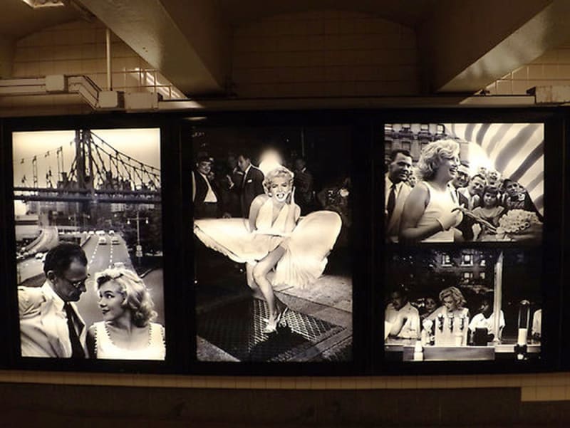 Large-scale lightboxes with photographs of Marilyn Monroe in NYC Subway
