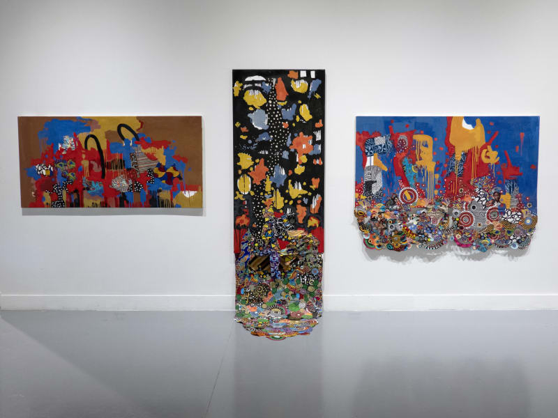 Installation view of 2023 exhibition "Parallels and Rupture," featuring work by Danny Simmons, at The Freedman Gallery, Albright College