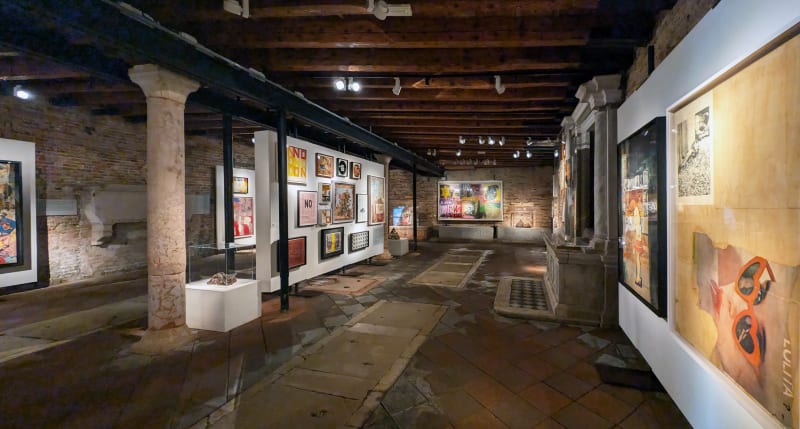 Installation view of 2024 exhibition Boris Lurie: Life with the Dead at the Scuola Grande San Giovanni Evangelista di Venezio.
