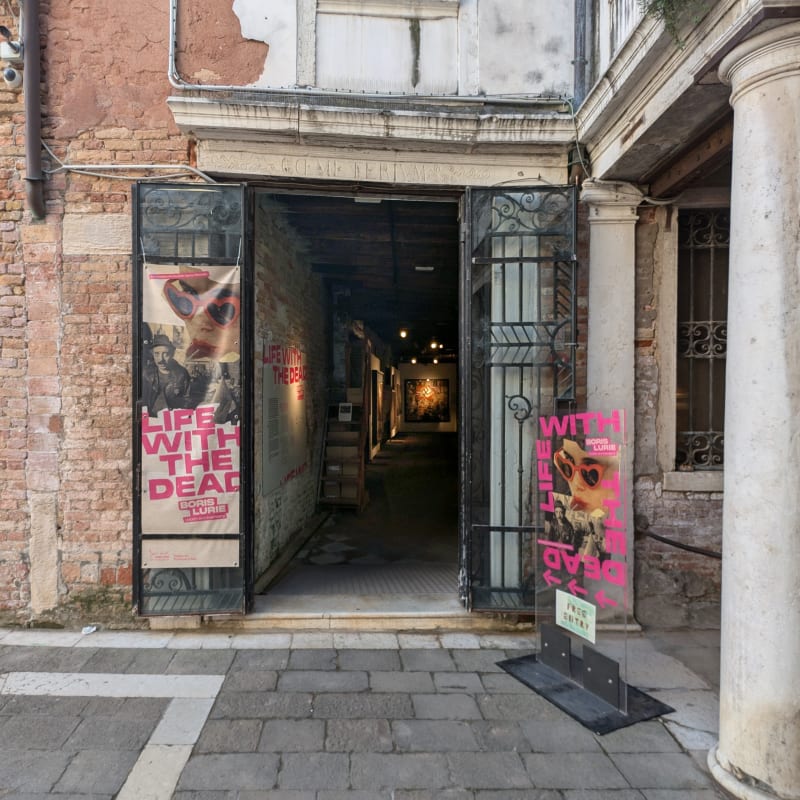 Installation view of 2024 exhibition Boris Lurie: Life with the Dead at the Scuola Grande San Giovanni Evangelista di Venezio.