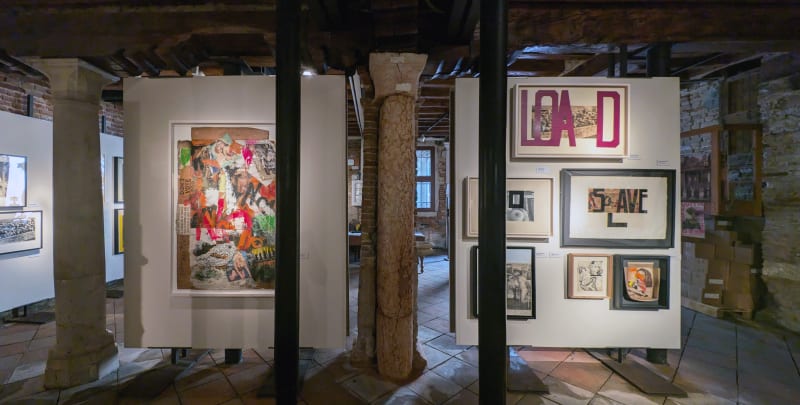 Installation view of 2024 exhibition Boris Lurie: Life with the Dead at the Scuola Grande San Giovanni Evangelista di Venezio.