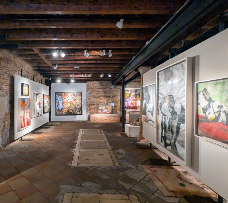Installation view of 2024 exhibition Boris Lurie: Life with the Dead at the Scuola Grande San Giovanni Evangelista di Venezio.