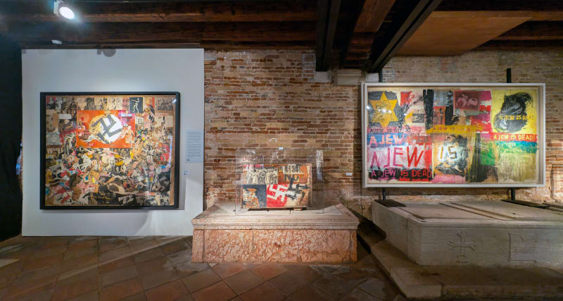 Installation view of 2024 exhibition Boris Lurie: Life with the Dead at the Scuola Grande San Giovanni Evangelista di Venezio.