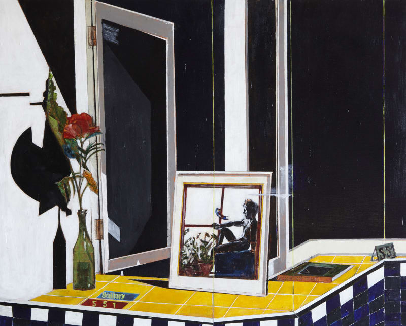 a painting of a gallery window with a flower and a painting