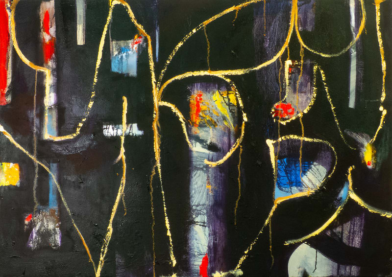 a colorful abstract painting with a black background