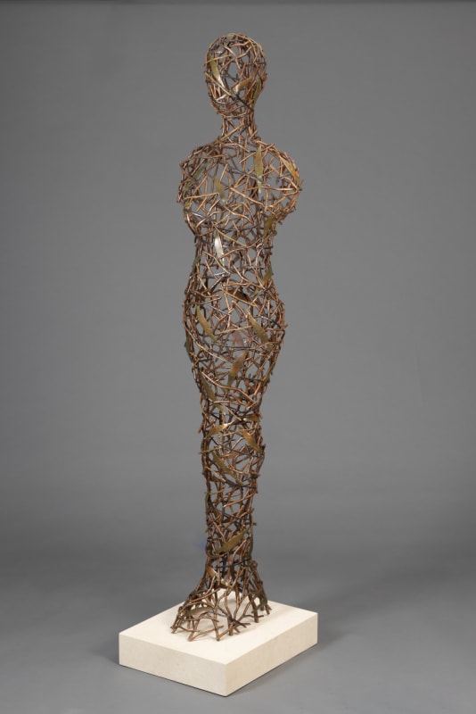 Tor Archer Botanical Muse, 2023-25 copper with patina, limestone base 74 x 21.5 x 15 inches