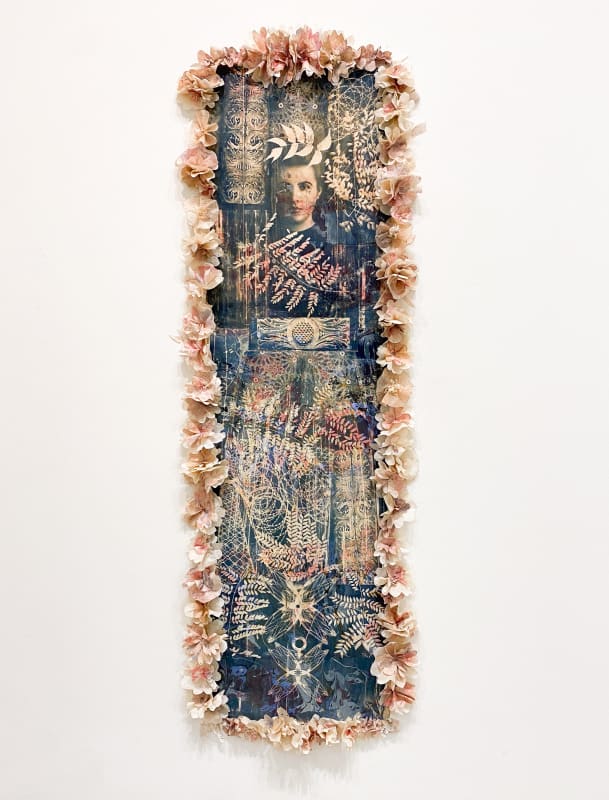 in reverence, 2024. Toned cyanotype with acrylics on paper. Coffee filters printed with inks and acrylics, charred and hand formed into blossoms. 93in x 28in x 4in