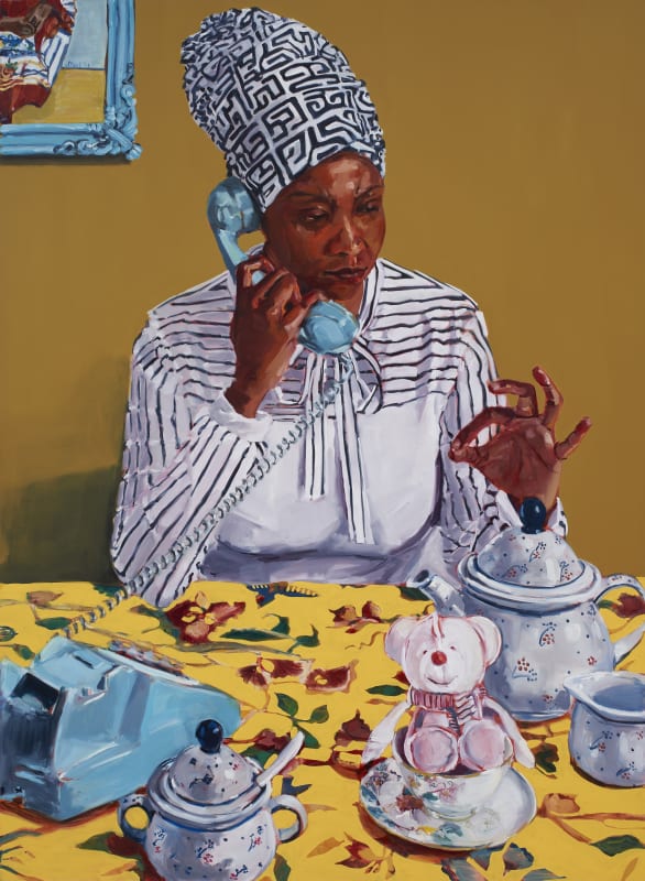 Wangari Mathenge: The Ascendants X (Tea O’Clock with Neel’s Ringgold); 2021; Oil on canvas 82 x 60 in (left side of diptych) (not for sale)