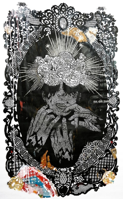 Aurel Rubbish, Gratia Plena, 119x75 cm, paper-cut, acrylic, and 24k goldleaf