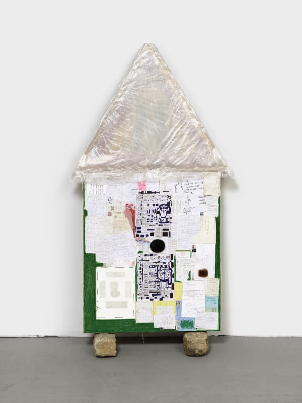 Arthur Simms Icema in Lakeland, 2016 Silver point, artist’s hair, Lucy Fradkin’s hair, paper, wire, pen, pencil, markers, plastic, metal, wood, canvas, thread, road sign, and stones 67 x 40 x 3 in 170.2 x 101.6 x 7.6 cm