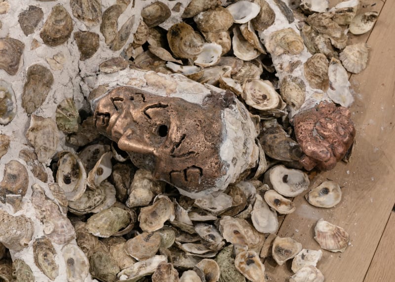 Jory Rabinovitz Death of Abel, 2018 tabby, melted pennies and oyster shells Dimensions variable