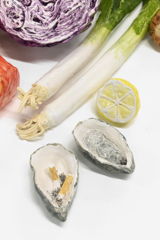 Rose Eken, Soup, 2022, glazed paper clay, 20 objects in variable sizes