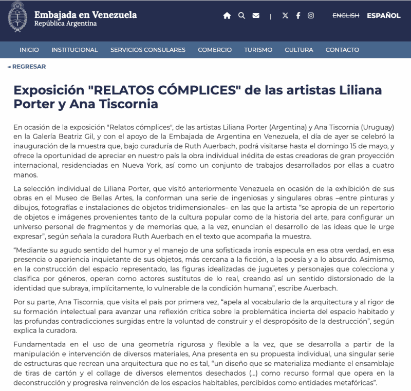 Exposición 'RELATOS CÓMPLICES' de las artistas Liliana Porter y Ana Tiscornia, Embajada en Venezuela República Argentina
