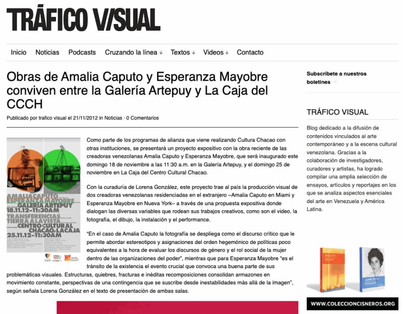 Obras de Amalia Caputo y Esperanza Mayobre conviven entre la Galería Artepuy y La Caja del CCCH, Tráfico Visual