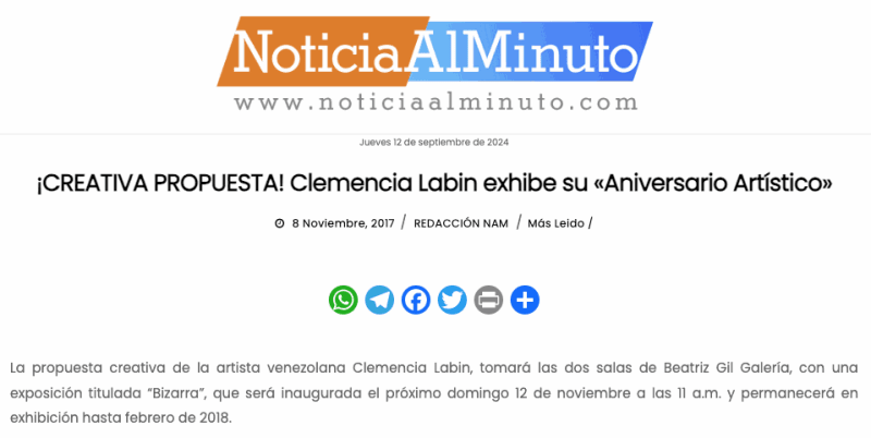 ¡CREATIVA PROPUESTA! Clemencia Labin exhibe su «Aniversario Artístico», Noticia al minuto