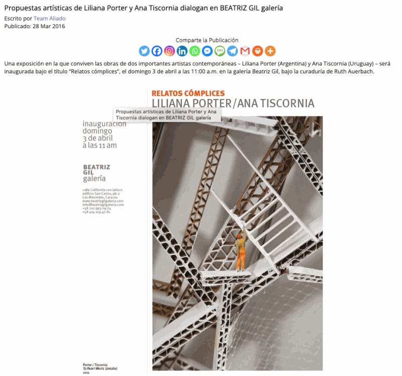 Propuestas artísticas de Liliana Porter y Ana Tiscornia dialogan en BEATRIZ GIL galería , MSC Noticias