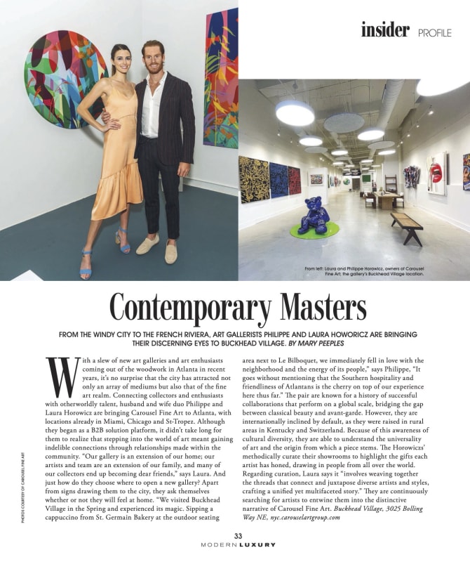 Article Featuring Carousel Fine Art Founders, Laura and Philippe Horowicz, in the January 2024 Edition of The Atlantan Magazine