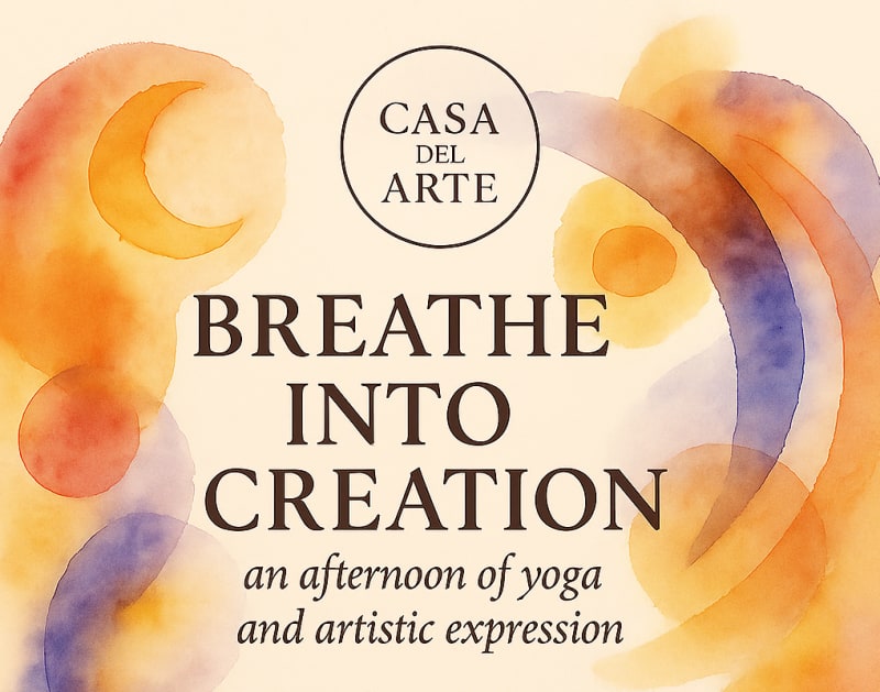 Orange and purples abstract shapes with crescent moon and the written words "Breathe Into Creation, an afternoon of kundalini yoga and artistic expression"