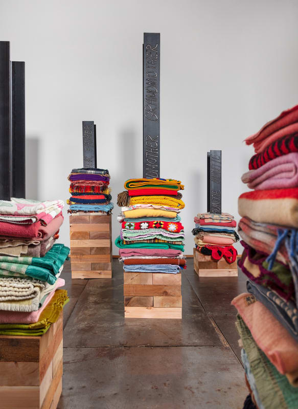 Marie Watt, “Skywalker/Skyscraper (Forest)”, 2021. Installation image, detail. Photo: Kevin McConnell.