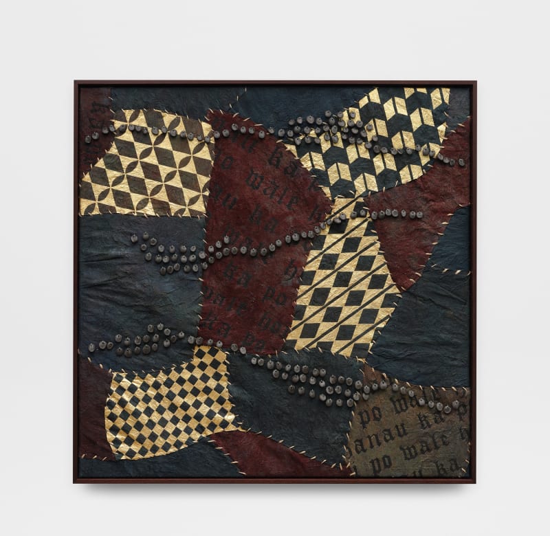 Lehuauakea "The Night Gives Birth I," 2025. Natural plant dyes, wildfire charcoal, 24k gold leaf, hibiscus cordage, ceramic beads on kapa. Sheet: 36 x 36 inches; Frame: 37 1/4 x 37 1/4 inches. Photo credit: Chris Grunder.