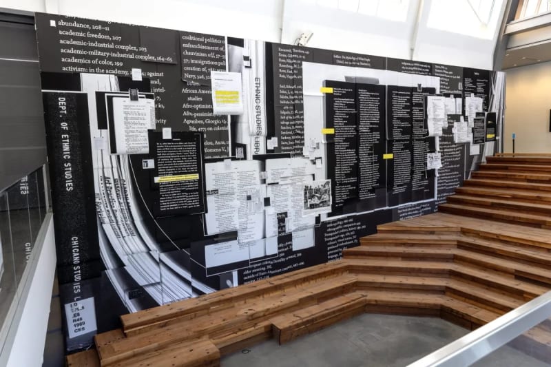 Artist Stephanie Syjuco’s new 63-by-30-foot mural in the BAMPFA lobby, free to visit without paying museum admission. Credit: Daria Lugina